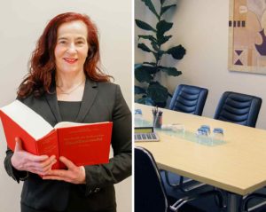 Das zweigeteilte Bild zeigt Simone Sperling und ein Büro mit hellem Tisch und dunklen Stühlen.